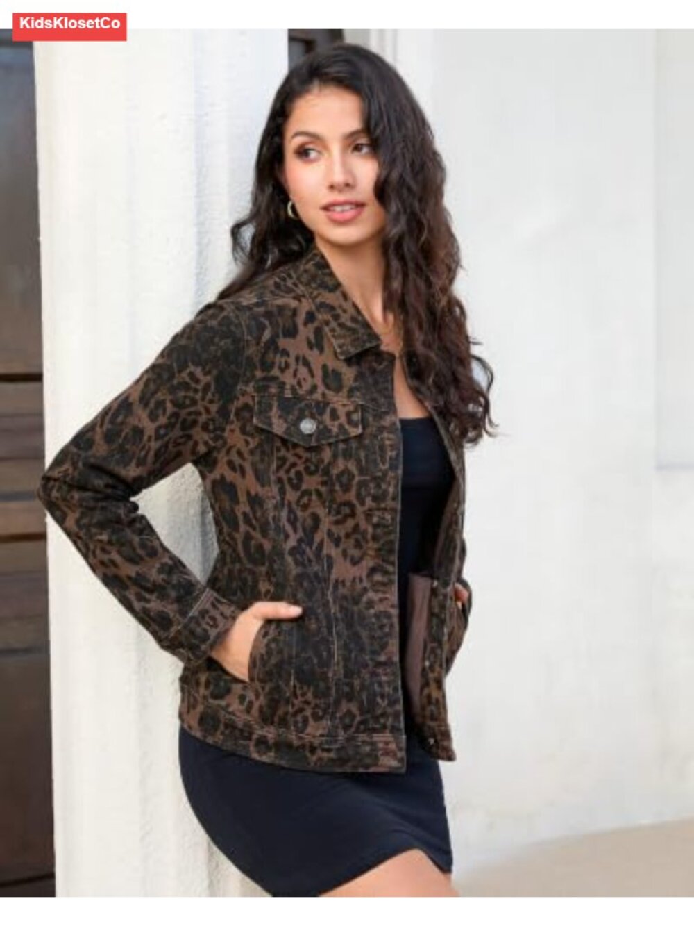 Women's Stretch Denim Jean Jacket with Leopard Print, Button Front - Picture 2 of 6